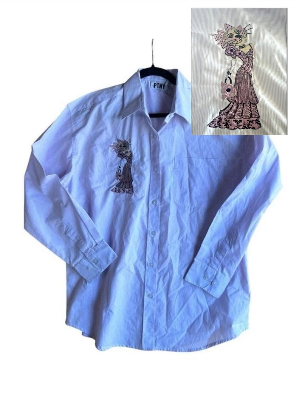 PTNY Vintage Women's Blouse Cat Embroidered Button Up Purple Striped Size Large